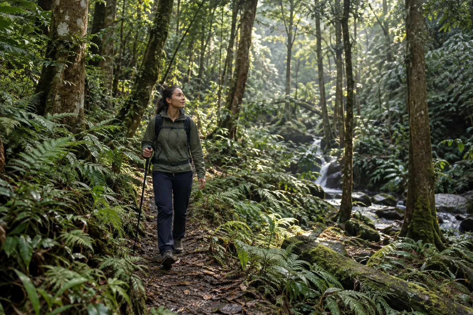 Illustration of a hiker on a forest trail